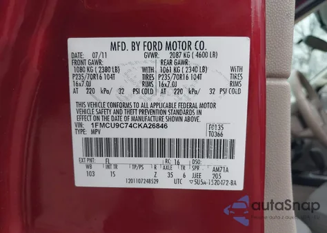 2012 Ford Escape Xls from USA, damaged, VIN 1FMCU9C74CKA26846